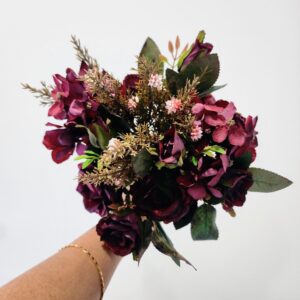 Small artificial bouquet - burgundy rose hydrangea bush
